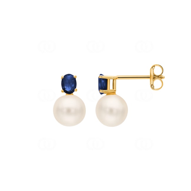 Clous d'oreilles or jaune 750/18 ct avec perles de culture d'eau douce & saphirs - 134501.6E