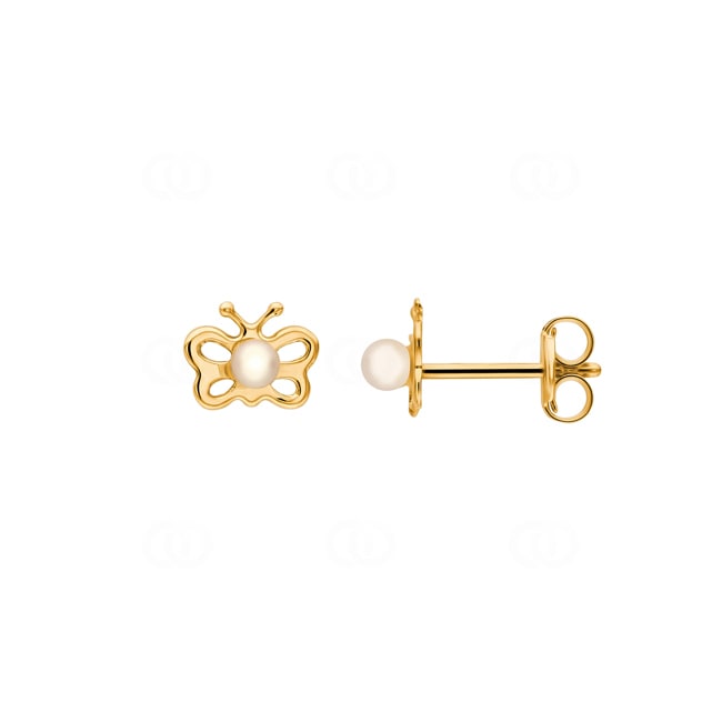 Clous d'oreilles or jaune 750/18 ct avec perles de culture d'eau douce, Papillon - 146251.6PGG
