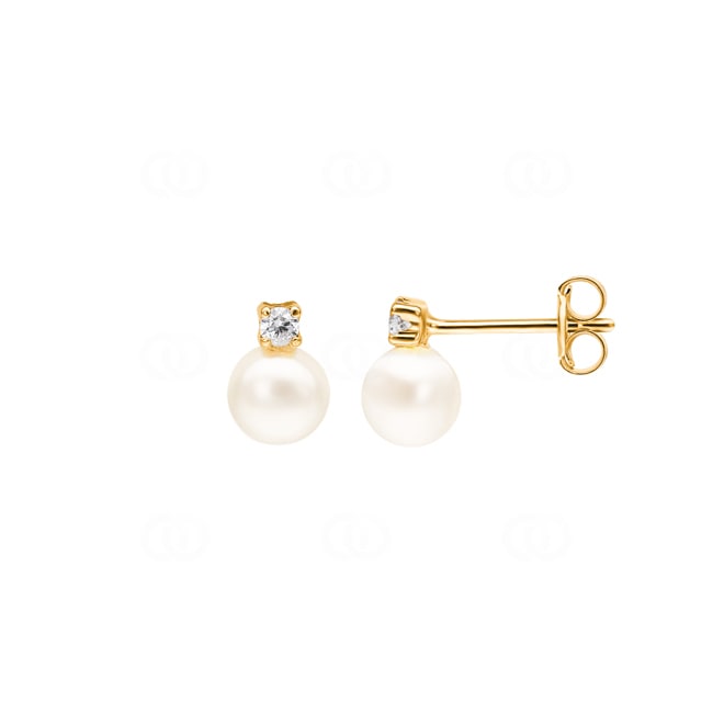 Stud Earrings 750/18 K Yellow Gold with Freshwater Pearls & Cubic Zirconia - 131311.6ZIR
