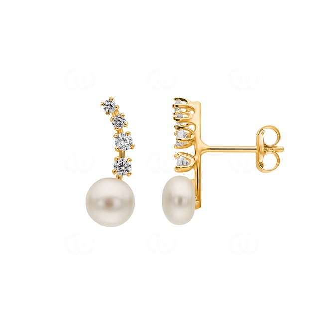 Clous d'oreilles or jaune 750/18 ct avec perles de culture d'eau douce & zircones - 220361.6ZGG
