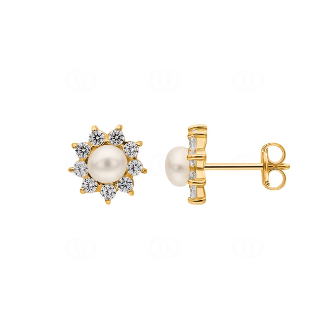 Stud Earrings 750/18 K Yellow Gold with Freshwater Pearls & Cubic Zirconia - 370260.6Z