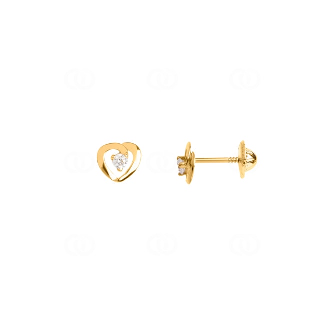 Stud Earrings 750/18 K Yellow Gold Heart with Cubic Zirconia 3 Prongs - GK208JZ