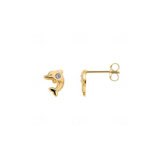 Stud Earrings 750/18 K Yellow Gold Dolphin with Cubic Zirconia - 8016Z