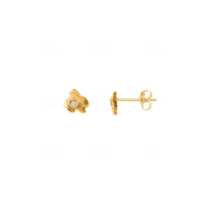 Stud Earrings 750/18 K Yellow Gold Rabbit with Cubic Zirconia - 8015Z