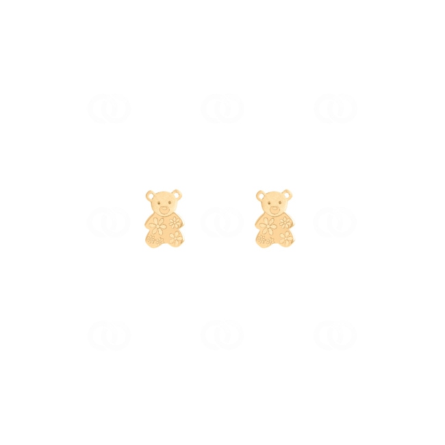 Stud Earrings 750/18 K Yellow Gold Teddy Bear with Flowers - 8066