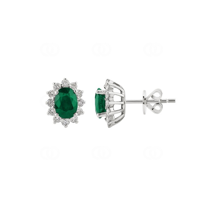 Stud Earrings 750/18 K White Gold, Diamonds 0.56 ct H/si & Emerald 1.31 ct - OR-095813-SMA-WG