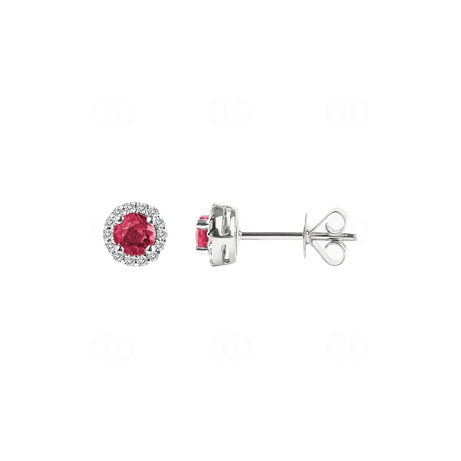 Stud Earrings 750/18 K White Gold with round Ruby and Diamonds 0.08 ct H/si - OR-46605-RUB-WG