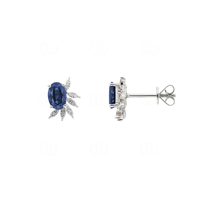 Clous d'oreilles or gris 750/18 ct avec saphir ovale & diamants 0.08 ct H/si - OR-73485-SAF-WG