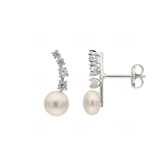 Clous d'oreilles or gris 750/18 ct avec perles de culture d'eau douce & zircones - 220361.6ZWG