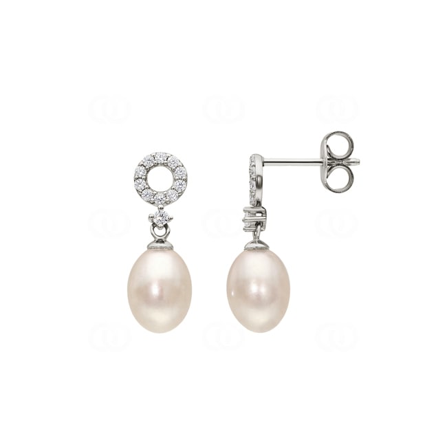 Clous d'oreilles Argent 925 rhodié avec perles artificielles 8mm & zircones - 335031