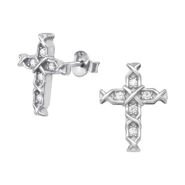 Stud Earrings 925 Silver Cross with Cubic Zirconia - CGZ925-0001