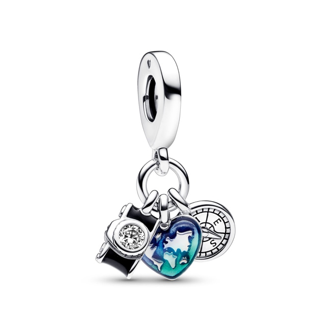 Pandora Moments Charm Pendant Triple Appareil Photo, Cœur & Boussole 925 Argent - 792703C01