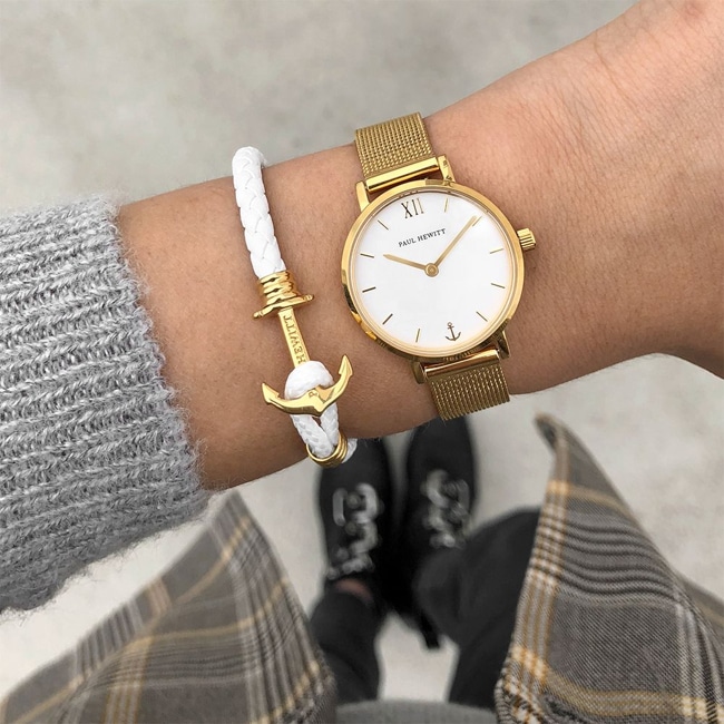 Paul Hewitt Phrep Lite IP Gold Anchor Bracelet Leather White