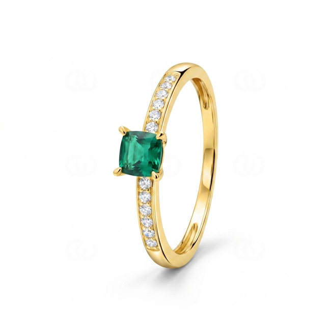 Pavé Solitärring 375/9 K Gelbgold mit Lab Grown Smaragd & Diamanten 0.08 ct - 9KLGE112Y