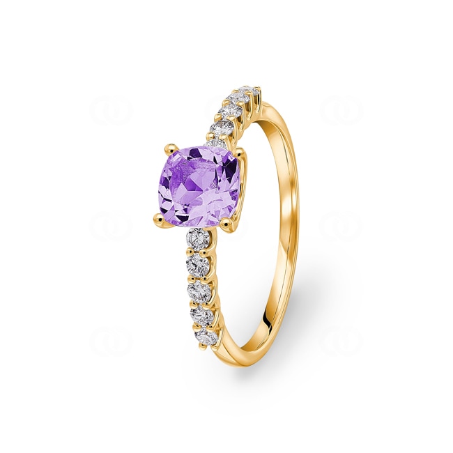 Pavé Solitaire Ring 750/18 K Yellow Gold with Amethyst & Diamonds 0.25 ct H/si - RI-73394-AME-GG