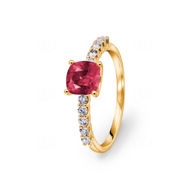 Pavé Solitaire Ring 750/18 K Yellow Gold with Ruby & Diamonds 0.25 ct H/si - RI-73394-RUB-GG