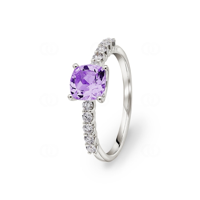 Pavé Solitaire Ring 750/18 K White Gold with Amethyst & Diamonds 0.25 ct H/si - RI-73394-AME-WG