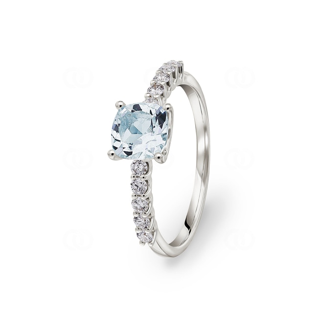 Bague solitaire pavé or gris 750/18 ct avec aguie-marine & diamants 0.25 ct H/si - RI-73394-AQM-WG