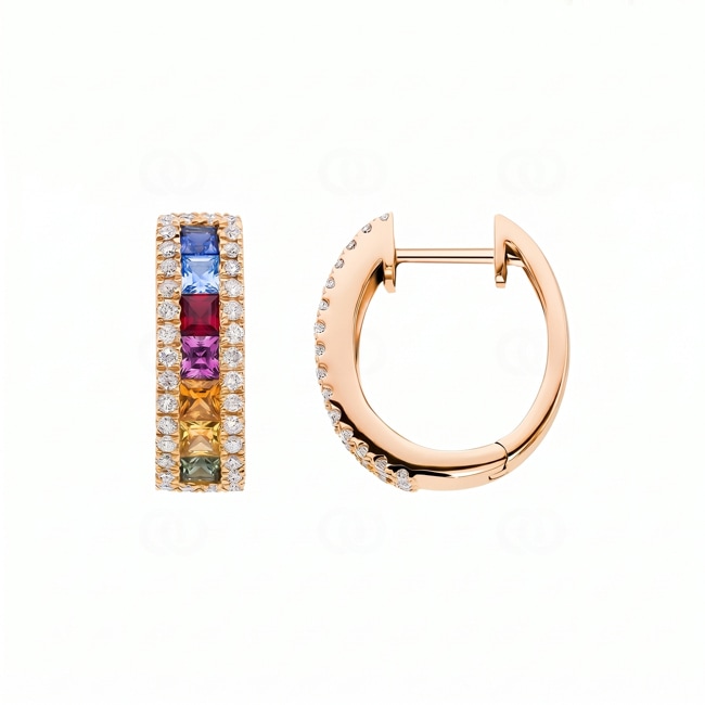 Rainbow Sapphire Hoop Earrings 750/18 K Rose Gold with Diamonds 0.46 ct H/si - OR-11203-RG