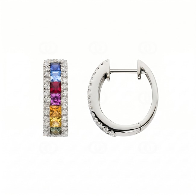 Rainbow Sapphire Hoop Earrings 750/18 K White Gold with Diamonds 0.46 ct H/si - OR-11203-WG