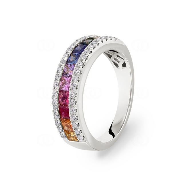 Rainbow Saphirring 750/18 K Weissgold mit Diamanten 0.33 ct H/si - RI-11203-WG