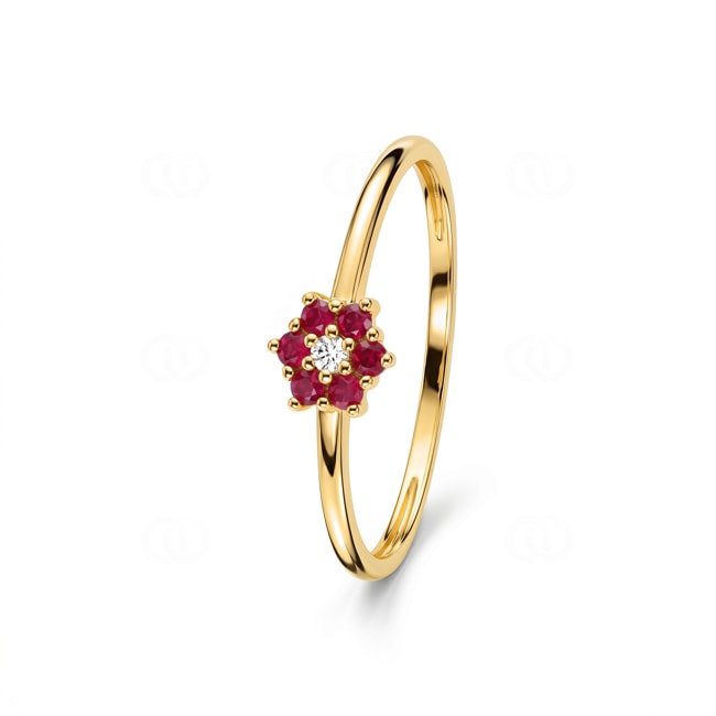 Ring 750/18 K Gelbgold Blume mit Rubinen & Diamant 0.01 ct - 1.7572.R0