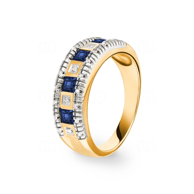 Bague or jaune 750/18 ct avec diamants 0.10 ct H/Si et saphirs - PR06801-2-GG