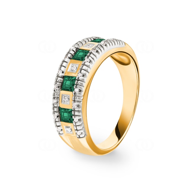Bague or jaune 750/18 ct avec diamants 0.10 ct H/Si et émeraudes - PR06801-4-GG