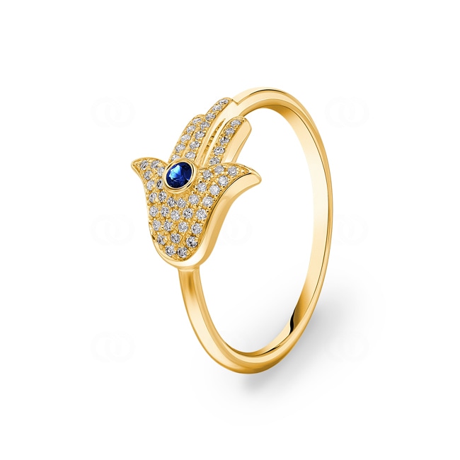Ring 750/18 K Gelbgold Fatima-Hand mit Saphir & Diamanten 0.10 ct H/si - RI-24295-GG