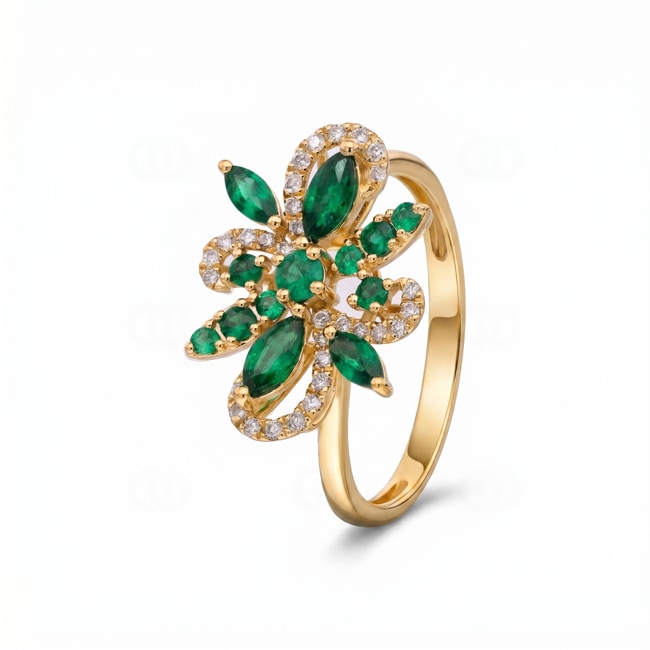Ring 750/18 K Gelbgold mit Smaragden & Diamanten 0.15 ct - RI-73673-SMA-GG