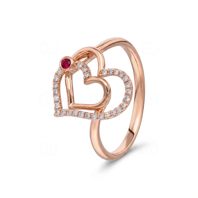 Ring 750/18 K Roségold Herz mit Rubin & Diamanten 0.12 ct - RI-73800-RUB-RG