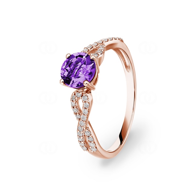 Ring 750/18 K Roségold mit Amethyst rund & Diamanten 0.15 ct H/si - RI-54201-AME-RG