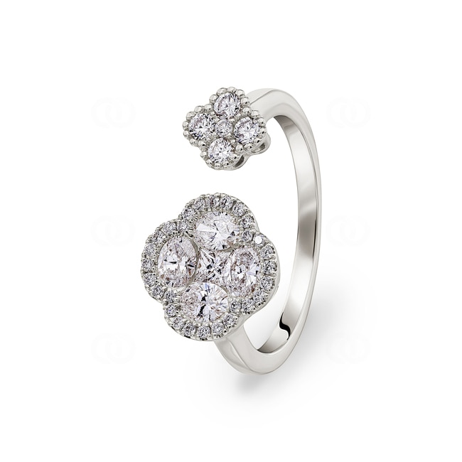 Ring 750/18 K Weissgold Kleeblätter mit Diamanten 0.91 ct H/si - RI-05815-WG