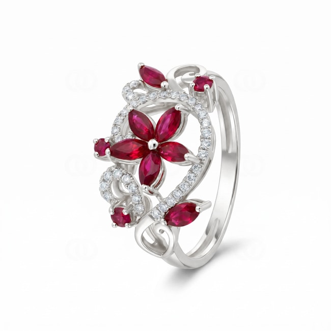Ring 750/18 K Weissgold mit Rubinen & Diamanten 0.14 ct - RI-73772-RUB-WG