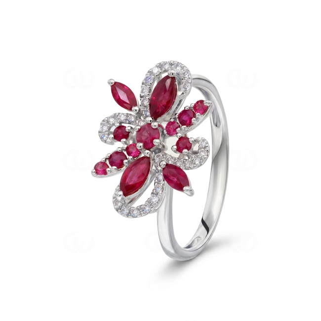 Ring 750/18 K Weissgold mit Rubinen & Diamanten 0.15 ct - RI-73673-RUB-WG
