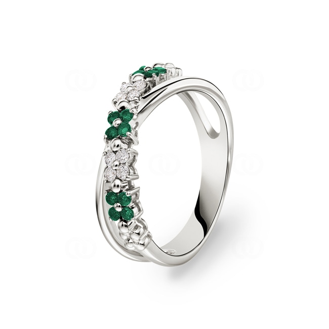 Ring 750/18 K Weissgold mit Smaragden & Diamanten 0.11 ct H/si Ring 750/18 K Weissgold mit Smaragden & Diamanten 0.11 ct H/si - RI-27469-SMA-WG