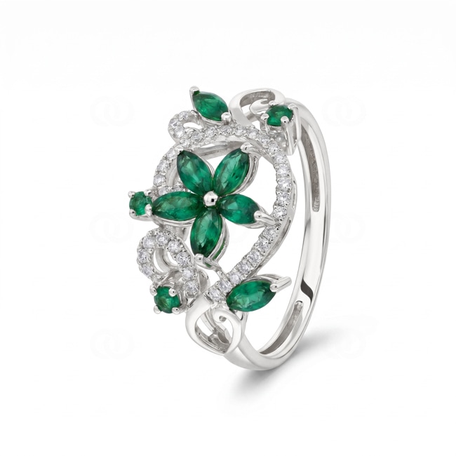 Ring 750/18 K Weissgold mit Smaragden & Diamanten 0.14 ct - RI-73772-SMA-WG