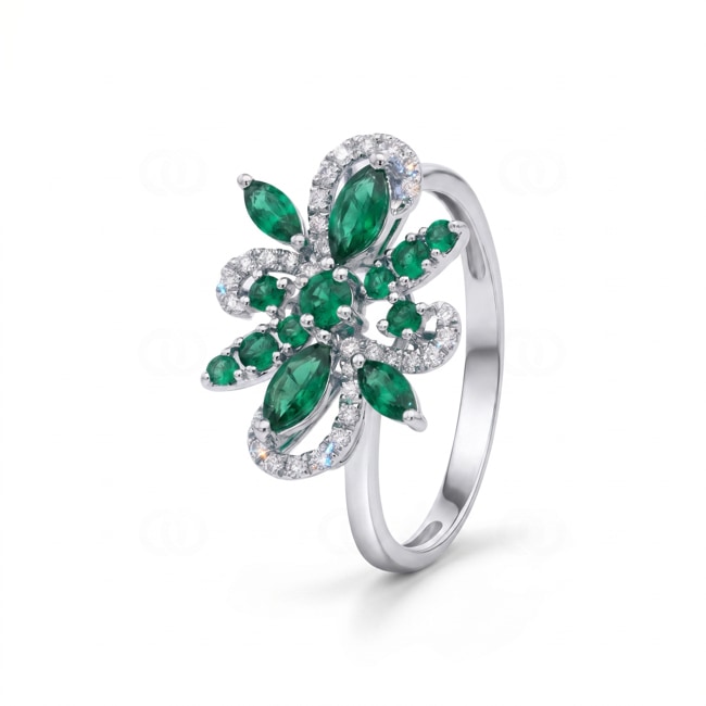 Ring 750/18 K Weissgold mit Smaragden & Diamanten 0.15 ct - RI-73673-SMA-WG