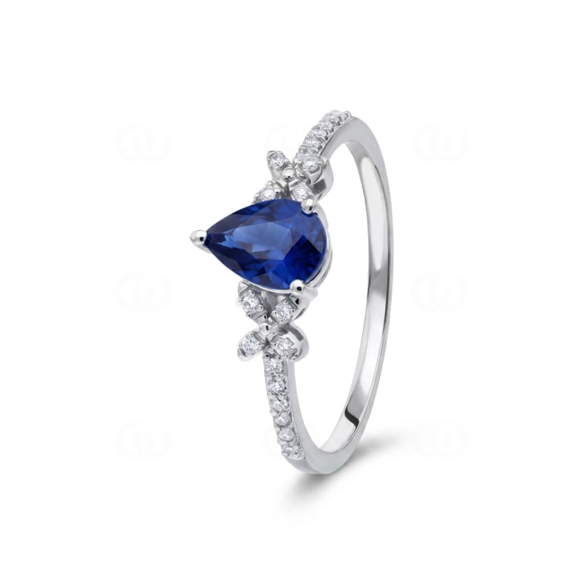 Saphirring 750/18 K Weissgold mit Diamanten 0.09 ct - RI-73766-SAF-WG