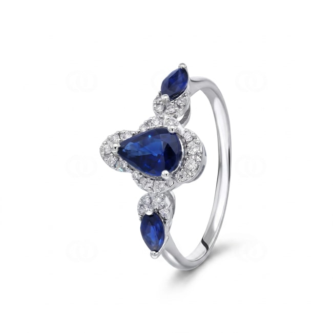 Saphirring 750/18 K Weissgold mit Diamanten 0.12 ct - RI-73758-SAF-WG