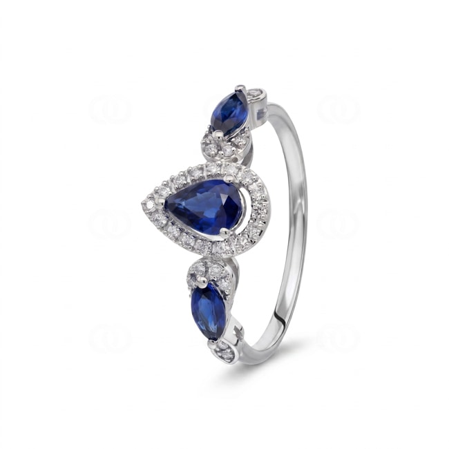 Saphirring 750/18 K Weissgold mit Diamanten 0.13 ct - RI-73764-SAF-WG