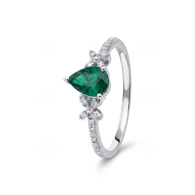 Smaragdring 750/18 K Weissgold mit Diamanten 0.09 ct - RI-73766-SMA-WG