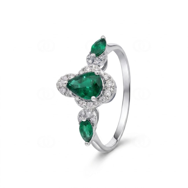 Smaragdring 750/18 K Weissgold mit Diamanten 0.12 ct - RI-73758-SMA-WG