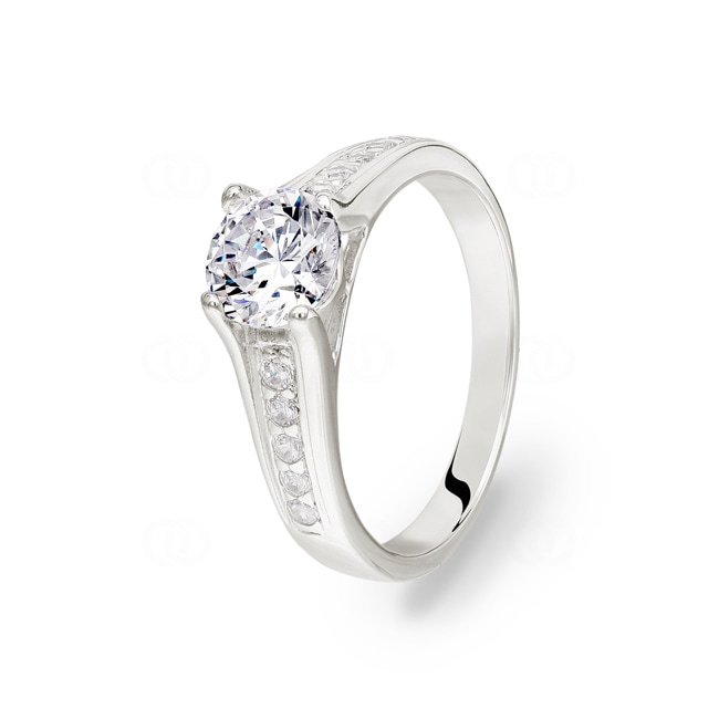 Solitärring 925 Silber rhodiniert mit Zirkonia Ø 6.5mm und Seitensteine - 307114.1