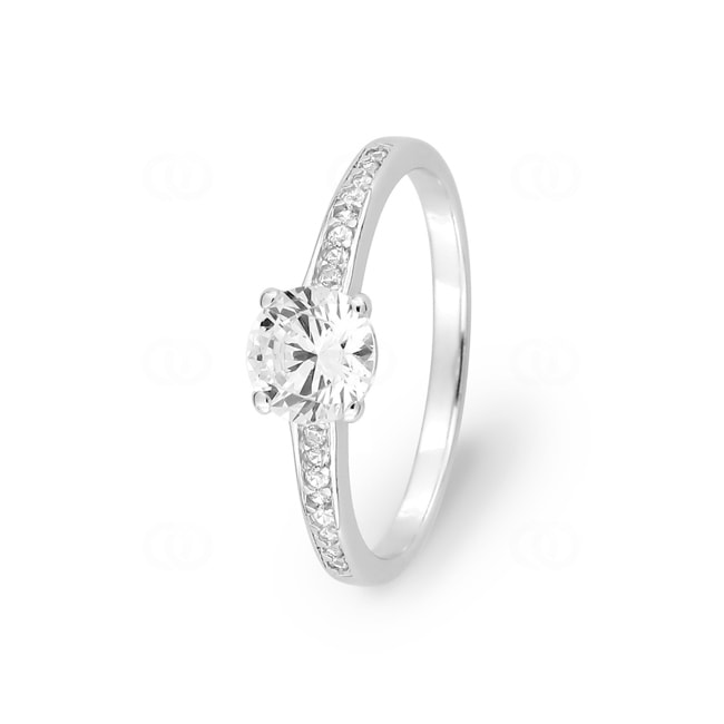 Solitärring 925 Silber rhodiniert mit Zirkonia Ø 6mm und Seitensteine - 307049.1