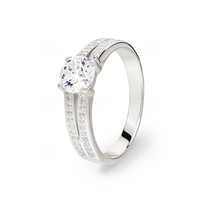 Solitärring 925 Silber rhodiniert mit Zirkonia Ø 6mm und Seitensteine - 307054.1