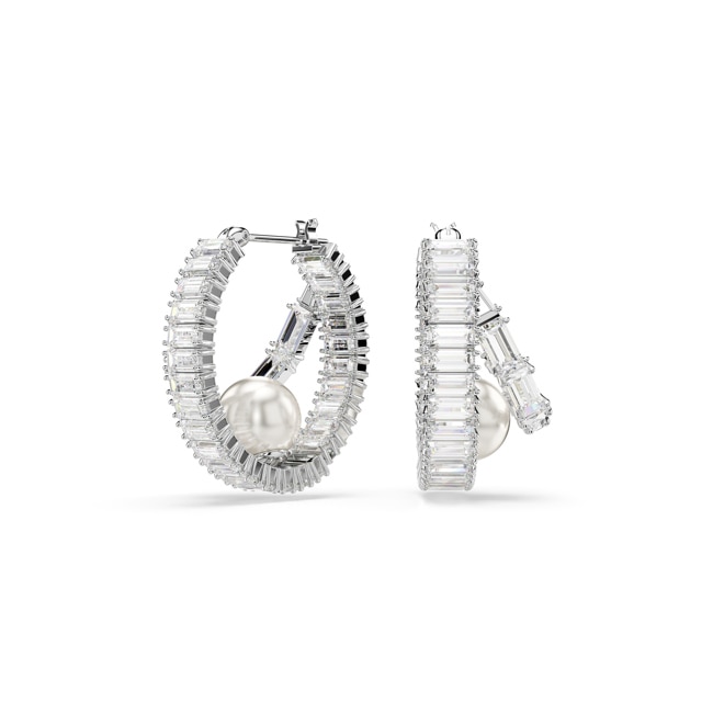 Swarovski Capsule Hoop Earrings Baguette Crystal pearls White Rhodium plated - 5720868