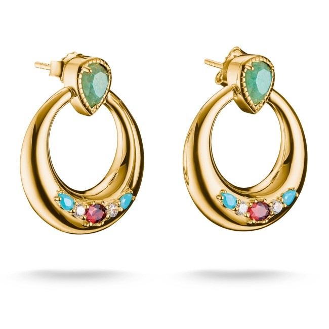 Thomas Sabo Elyndra Gold Plated Half-Hoop Earrings with Green, White & Red Stones - H2335-971-7