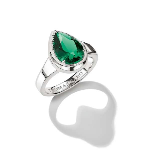 Thomas Sabo Elyndra Silver Ring with Green Teardrop Stone - TR2522-699-6