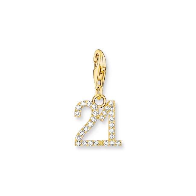 Thomas Sabo Number Charms Charm-Anhänger Zahl 21 mit weissen Steinen vergoldet - 2140-414-39